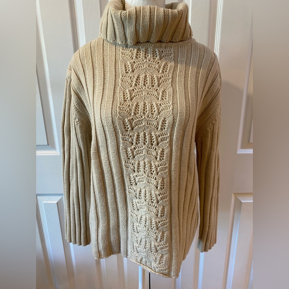 Olsen Light Tan Wool Blend Ribbed Turtleneck with Center Detail Size 12